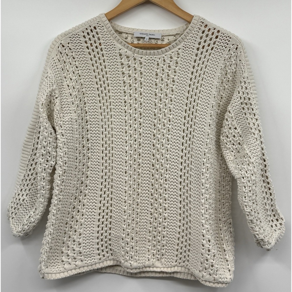 Gerard Darel Paris Open Knit Sweater Jumper Ivory SZ M/L Crewneck Cotton Coastal